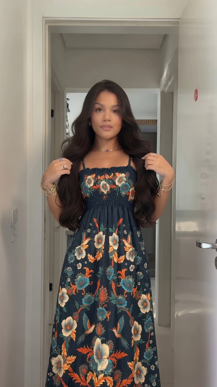 Vestido Longo Alana Estampado Preto floral